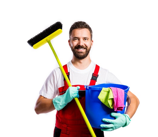 young-handsome-cleaner-in-red-overalls-studio-shot-on-white-background-SBI-305167440